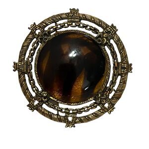 Vintage 60’s Jeanne Glass Tortoise Tiger Leopard Color Cabochon Ornate Brooch